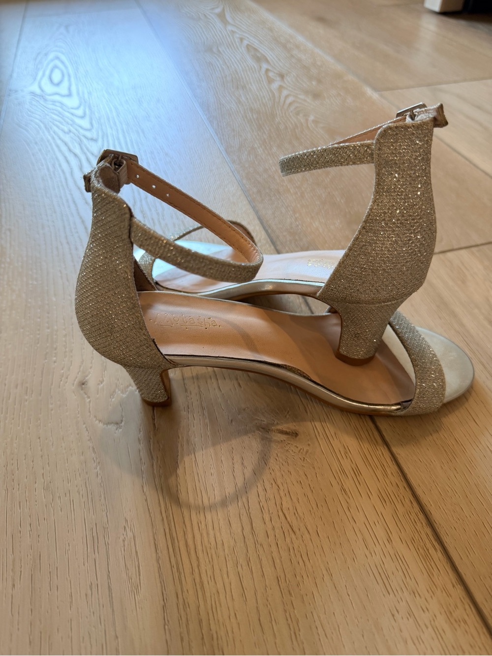Sparkle Ankle-Strap Mid Heel Sandals in Gold